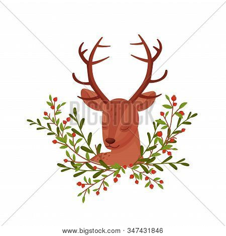 Brown Deer Near Floral Twigs. Hoofed Ruminant Mammal Resting With Closed Eyesvector Illustration