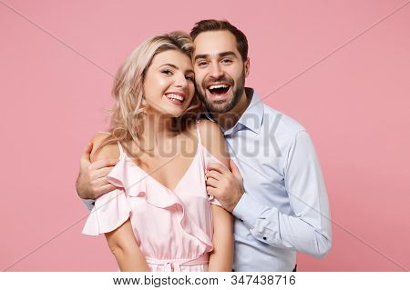 Funny Young Couple Two Guy Girl In Party Outfit Celebrating Posing Isolated On Pastel Pink Backgroun