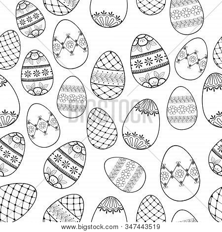 Easter Eggs Seamless Pattern. Hand-drawn Doodle Outline Ornament For The Festive Decoration Of Banne