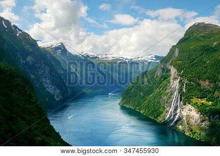 Breathtaking view of Sunnylvsfjorden fjord and famous Seven Sisters waterfalls, near Geiranger village in western Norway. Landscape photography
