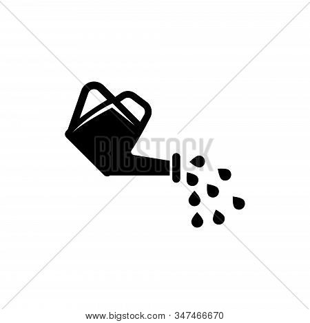 Watering Can And Water Drops. Flat Vector Icon Illustration. Simple Black Symbol On White Background