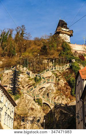 Graz, Styria - Austria - 24.12.2019: City Of Graz Street And Stairway To Clock Tower Uhrturm View, S