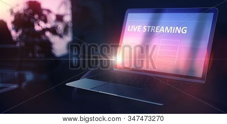 Live Streaming On Modern Portable Laptop. Personal Growth Concept. 3d Illustration.