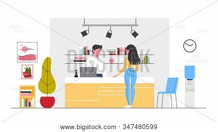 Design Studio Reception Concept. Woker Standing At The Counter