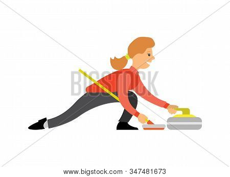 Curling Famous English Sport, Woman With Curling-broom Pushing Granite Stone On Ice, Isolated Cartoo