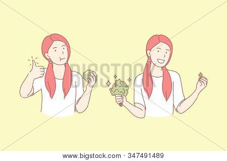 Food, Vegetarian, Health, Fit, Set Concept. Pleased Young Happy Girl Eating Fresh, Tasty, Vitamin, N