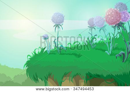 Fantasy Nature Landscape. Big Dandelions. Sunny Background With Flowers.