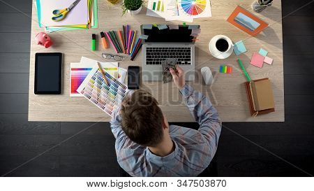 Unhappy Designer Counting Money, Startup Brought Low Income, Man In Despair