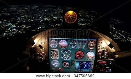 Simulator Control Panel Of Flight Above Night City, Airplane Steering Wheel