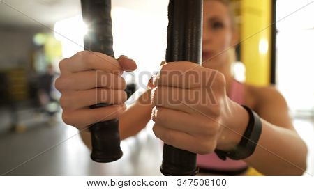 Female Doing Chest Fly Workout In Gym Close-up, Working Out To Be Healthier