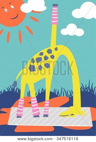 Funny Giraffe Doing Outdoor Yoga In A Park. Kid Book Illustration Vector. Sport Activity Leisure Ani