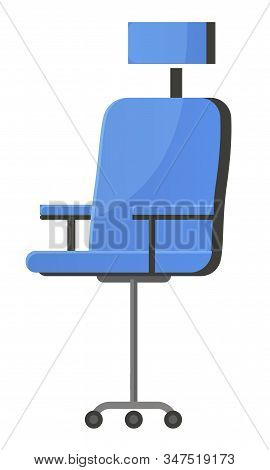 Revolving Furniture With Single Central Leg And Small Wheeled Legs. Office Stool With Textile Top In