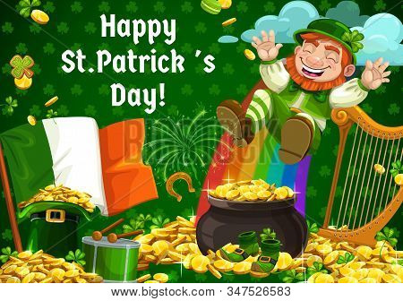 Leprechauns Shenanigans, Patricks Day Celebration. Vector Gnome Having Fun On Rainbow, Harp And Pot 