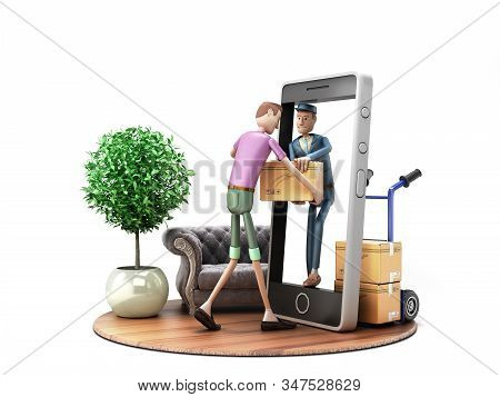 Fast Delivery Concept The Courier Transmits The Parcel To The Addressee Through The Screen Of The Sm