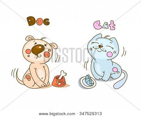 Cute Cartoon Cat And Dog. Beautiful Illustration Of Pets For Your Design.