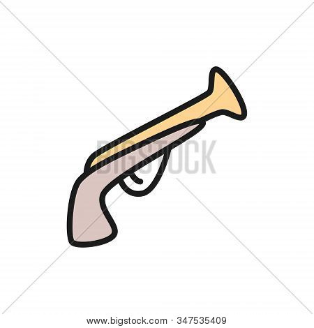 Flintlock Pistol, Musket Rifle, Pirate Gun, Antique Weapon Flat Color Line Icon.