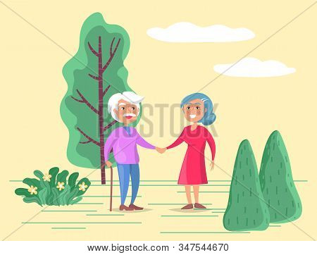 Grandparents Strolling Together In Park Or Countryside. Man Walk With Stick And Woman Help Him In It