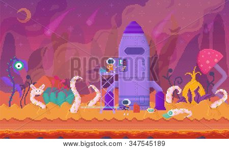 Pixel Art Game Location, Cosmic Area, Venus Planet Surface. Rocket And Alien, Space Plants And Retro