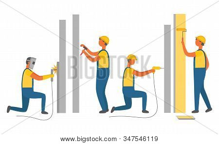Construction, Repair Works Drilling And Painting Walls Vector. Building And Renovation, Builders In 