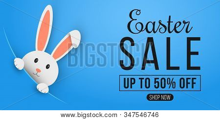 Easter Web Banner For Sale. Template For Your Project. Cartoon Cute Bunny Looking Out Of A Cut Hole.