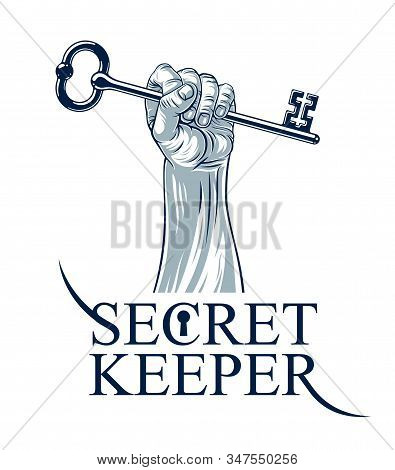 Hand Up Holding Big Vintage Turnkey, Vector Logo Or Sign Symbolized Kept Secret, Personal Data Prote