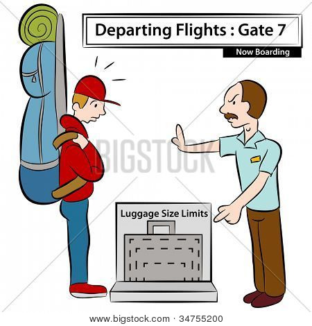 Et billede af en lufthavn omstilling stoppe mand med overdimensioneret bagage.