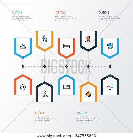 Traveling Icons Colored Line Set With Tent, Mountains, Compass And Other Navigation Elements. Isolat