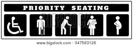 Priority Seating Icons For Sticker On Black Background, Disable, Passenger Elderly, Passenger, Pregn