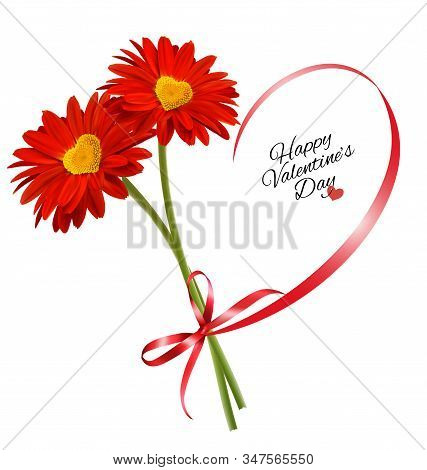 Valentine's Day Background Two Red Flowers With Heart Shaped Ribbon. Vector.