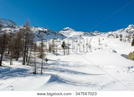 Spectacular Winter Mountain Panorama High In Austrian Alps.