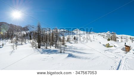 Spectacular Winter Mountain Panorama High In Austrian Alps.