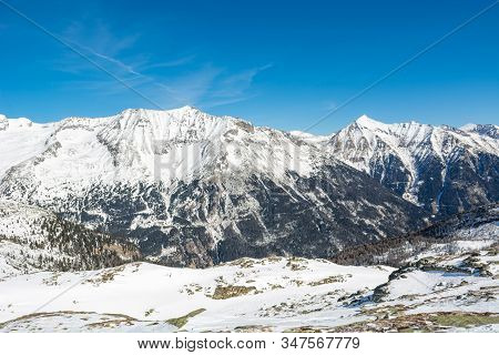 Spectacular Winter Mountain Panorama High In Austrian Alps.