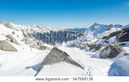 Spectacular Winter Mountain Panorama High In Austrian Alps.