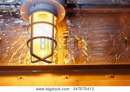 Industrial Explosion Proof Lantern Of Black And Gray Shines With White Light At Coal Mining Exhibiti