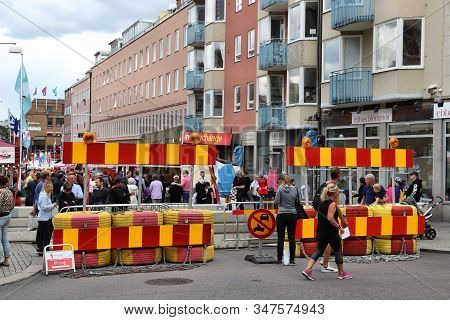 Linkoping, Sweden - August 25, 2018: Anti Vehicle Barriers At Stadsfest (city Festival) In Linkoping