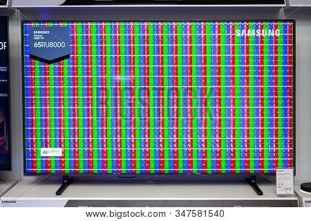 Minsk, Belarus - January 27, 2020: Samsung Tv Shows A Led Screen Technology Close-up In A Store. Typ