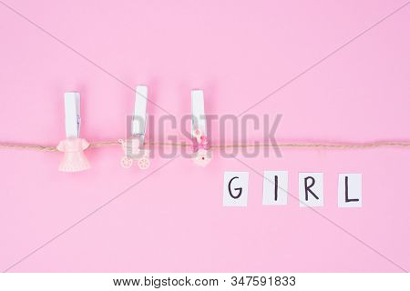 Baby Shower Concept. Photo Of Minimal Background With Beeautiful Decor And Place For Text Isolated P