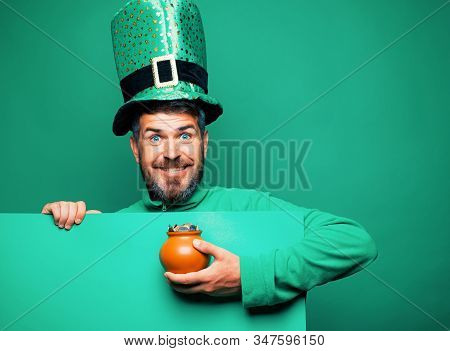 Green Patricks Background. Man In Patricks Suit Smiling. Man In Saint Patricks Day Leprechaun Party 