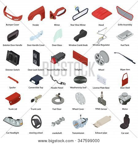Car Parts Icons Set. Isometric Set Of Car Parts Vector Icons For Web Design Isolated On White Backgr