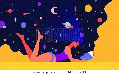 Modern Flat Character. Woman With Dream Universe Reads Open Book. Simple Cartoon Character Of Woman 