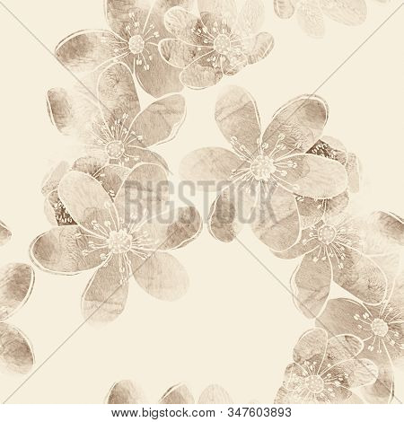 Seamless Pattern With Spring Forest Flowers Liverleaf. Sakura Or Apple Blossom. Mix-media Design. Di