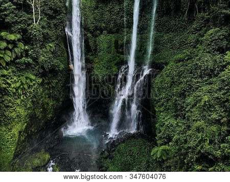 Aerial View Of Sekumpul Waterfall On Bali Island Indonesia - Travel And Nature Background. Drone Pho
