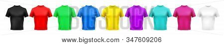Realistic Color T-shirt Mockup. Red, Green And Blue Men Clothes. Yellow, Purple And Cyan Colored Shi
