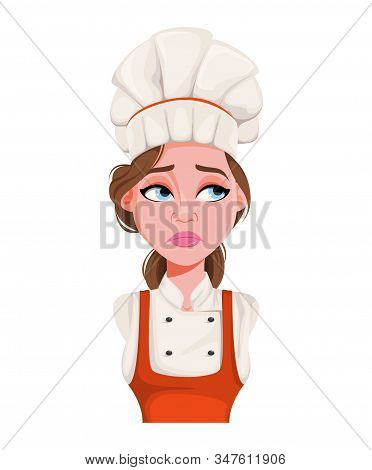 Face Expression Of Beautiful Young Chef Woman, Disappointed. Female Emotion. Cute Cartoon Character.