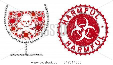 Coronavirus Mosaic Poison Drink Glass Icon And Round Grunge Stamp Watermark With Harmful Caption. Mo