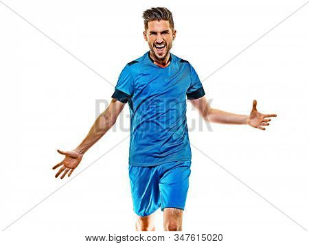 one caucasian youg soccer player man standing in studio isolated on white background