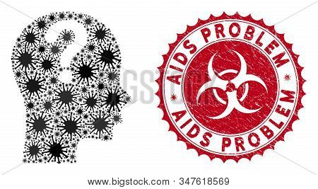 Coronavirus Mosaic Problem Icon And Round Rubber Stamp Seal With Aids Problem Phrase. Mosaic Vector 