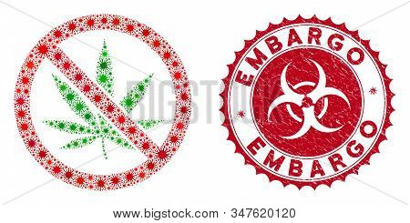 Coronavirus Mosaic No Marijuana Icon And Round Rubber Stamp Watermark With Embargo Caption. Mosaic V
