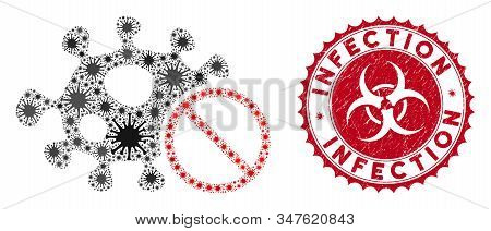 Coronavirus Collage Stop Infection Icon And Rounded Rubber Stamp Seal With Infection Text. Mosaic Ve