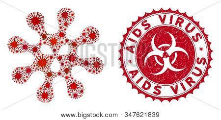 Coronavirus Mosaic Virus Icon And Round Grunge Stamp Watermark With Aids Virus Text. Mosaic Vector I